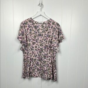 First Love Womens Top S Lilac Blue Floral Print Flutter Sleeves Pullover Pretty